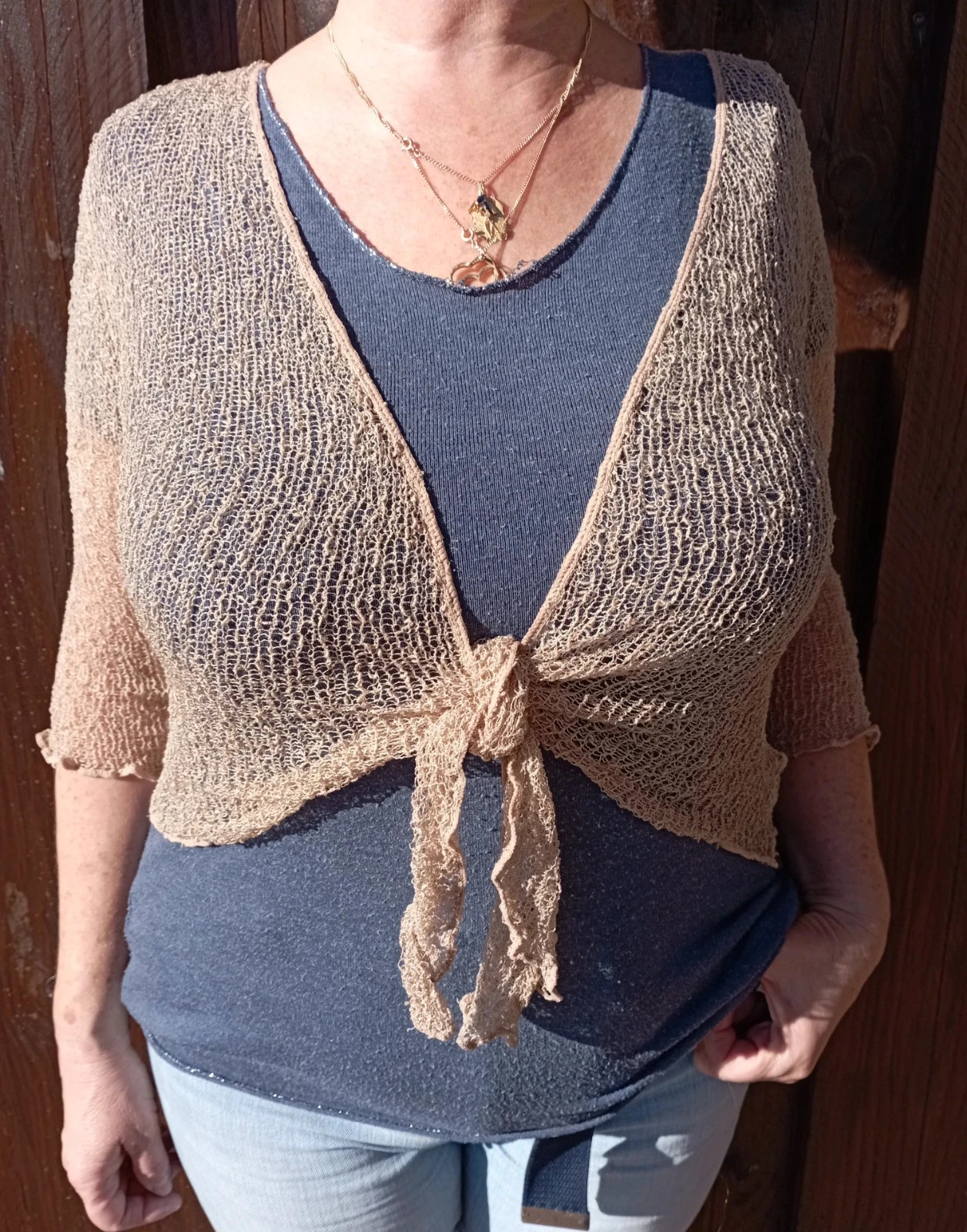 Gilet en maille crochet extensible style boléro bohème Beige – photo 2